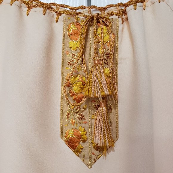 Vintage 1970s Peasant Shirt Gold Trim, Tassel Drawstrings, Small - Picture 3 of 8